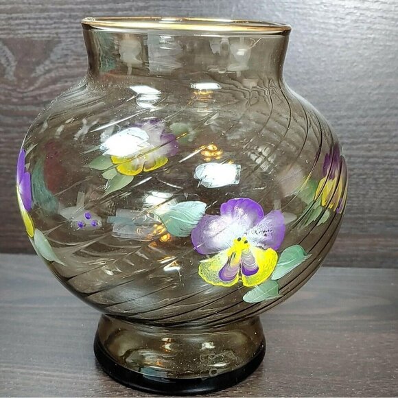Hand Painted Floral Swirl Ribbed Gold Rim Brown Glass Vase Vintage Local Artist - Picture 4 of 8